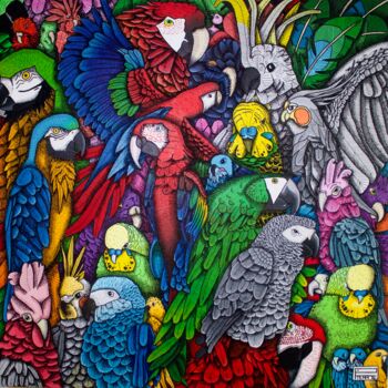 Malarstwo zatytułowany „perroquets” autorstwa Pierre Prat, Oryginalna praca, Akryl Zamontowany na Drewniana rama noszy