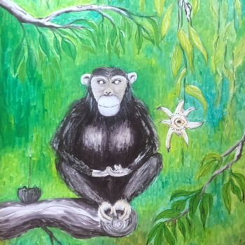 Peinture intitulée "Chimpanzé Zen" par Pierre Fénié, Œuvre d'art originale, Huile
