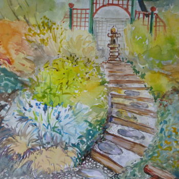 Pintura intitulada "Prendre l'escalier" por Pierre Feyeux, Obras de arte originais, Aquarela