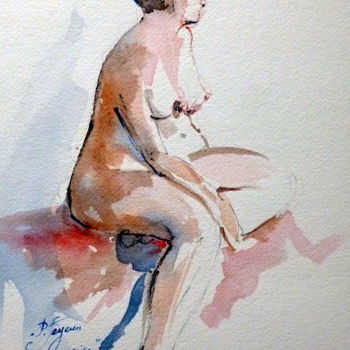Painting titled "CLAIRE assise" by Pierre Feyeux, Original Artwork, Watercolor