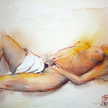 Peinture intitulée "Charlène allongée e…" par Pierre Feyeux, Œuvre d'art originale, Aquarelle