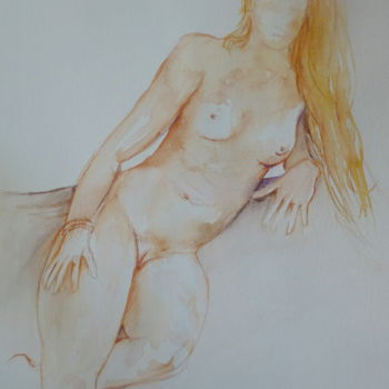 Peinture intitulée "Accoudée" par Pierre Feyeux, Œuvre d'art originale, Aquarelle