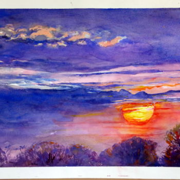 Painting titled "SOLEIL COUCHANT-2" by Pierre Feyeux, Original Artwork, Watercolor