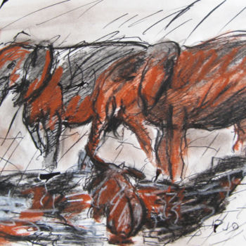 Drawing titled "Elephants" by Pierre Jean Delpeuc'H, Original Artwork, Chalk