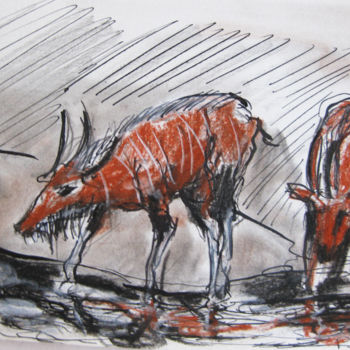 Рисунок под названием "Antilopes" - Pierre Jean Delpeuc'H, Подлинное произведение искусства, Мел