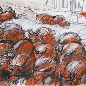 Drawing titled "Buffles" by Pierre Jean Delpeuc'H, Original Artwork, Chalk