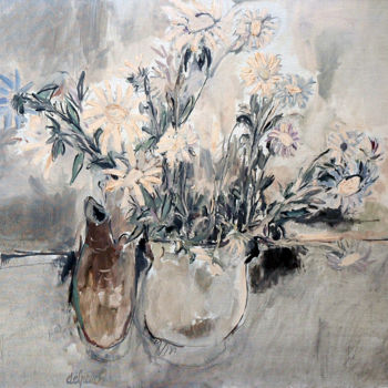 「Bouquet fond gris」というタイトルの絵画 Pierre Jean Delpeuc'Hによって, オリジナルのアートワーク, オイル