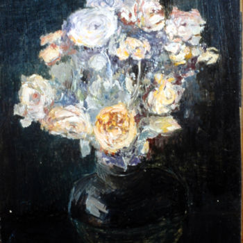 Peinture intitulée "Bouquet sur fond bl…" par Pierre Jean Delpeuc'H, Œuvre d'art originale, Huile