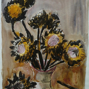 Painting titled "Fleurs d’artichauts" by Pierre Jean Delpeuc'H, Original Artwork, Ink