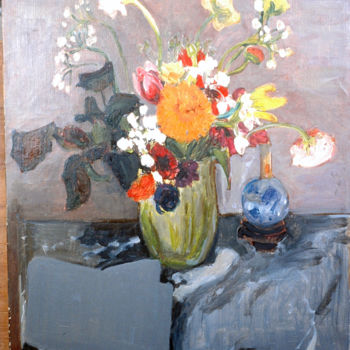 Painting titled "Bouquet sur plateau…" by Pierre Jean Delpeuc'H, Original Artwork, Oil