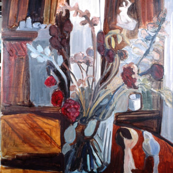 Malerei mit dem Titel "Bouquet sur table b…" von Pierre Jean Delpeuc'H, Original-Kunstwerk, Öl