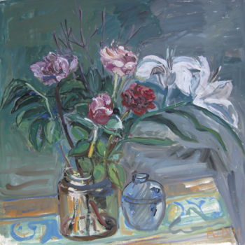 Malarstwo zatytułowany „Bouquet sur fond gr…” autorstwa Pierre Jean Delpeuc'H, Oryginalna praca, Akryl