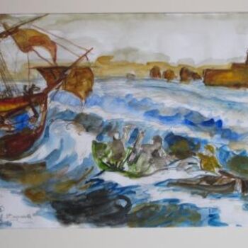 Painting titled "Bateau de peche en…" by Pierre Jean Delpeuc'H, Original Artwork