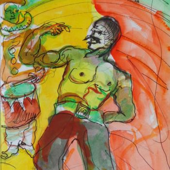 Peinture intitulée "le lutteur" par Pierre Jean Delpeuc'H, Œuvre d'art originale, Aquarelle