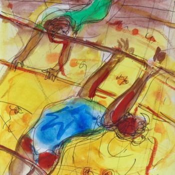 Painting titled "les trapezistes" by Pierre Jean Delpeuc'H, Original Artwork, Watercolor