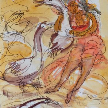 Peinture intitulée "Leda et les cygnes…" par Pierre Jean Delpeuc'H, Œuvre d'art originale, Aquarelle