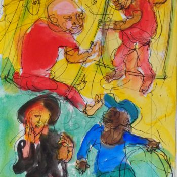 Painting titled "4 nains" by Pierre Jean Delpeuc'H, Original Artwork, Watercolor
