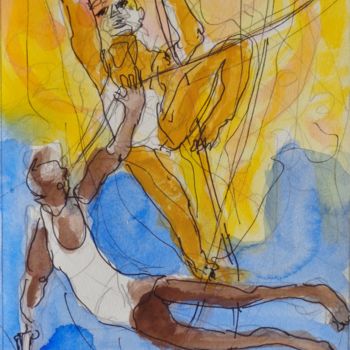 Malerei mit dem Titel "Les acrobates en bl…" von Pierre Jean Delpeuc'H, Original-Kunstwerk, Aquarell