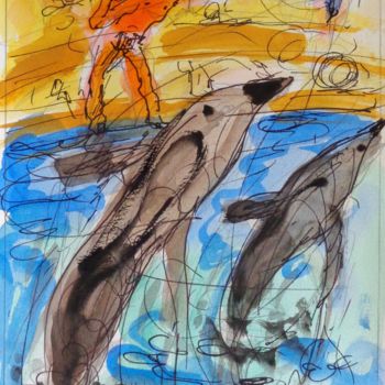 Pintura intitulada "Les dauphins" por Pierre Jean Delpeuc'H, Obras de arte originais, Aquarela