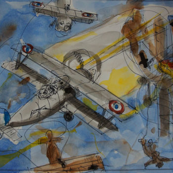 Painting titled "combat aerien 6" by Pierre Jean Delpeuc'H, Original Artwork, Watercolor