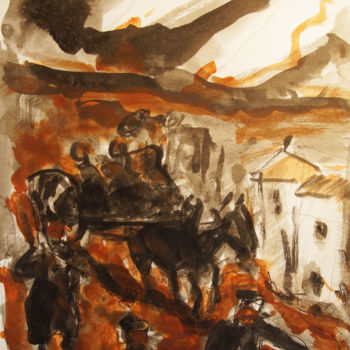 Painting titled "village detruit" by Pierre Jean Delpeuc'H, Original Artwork, Ink