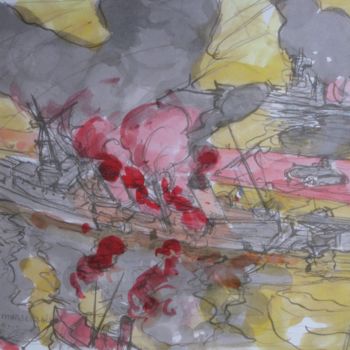 Peinture intitulée "Croiseur en feu 2" par Pierre Jean Delpeuc'H, Œuvre d'art originale