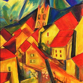 Painting titled "village et clocher…" by Pierre Kuentz, Original Artwork