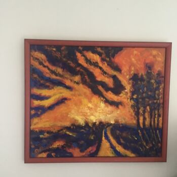 Painting titled "Incendie" by Pierrette Ducournau, Original Artwork, Oil Mounted on Wood Stretcher frame
