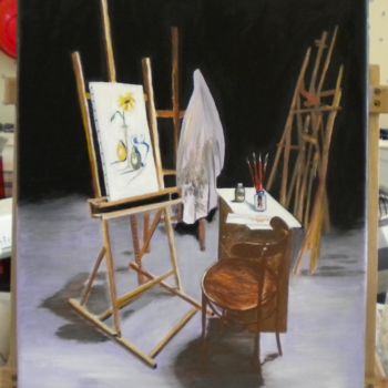 Painting titled "l'atelier" by Pierrette Kuhn, Original Artwork, Oil