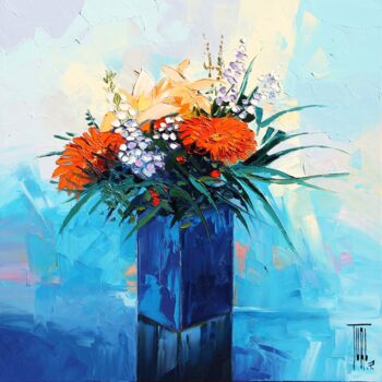 Malerei mit dem Titel "Fleurs au vase bleu" von Pierrick Tual, Original-Kunstwerk, Öl