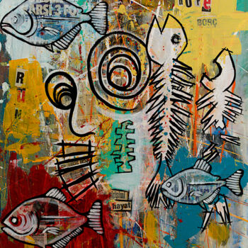 Schilderij getiteld "Fish face mash-up" door Simon Houlton, Origineel Kunstwerk, Acryl Gemonteerd op Frame voor houten branc…