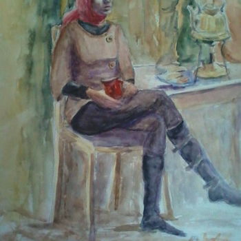 Painting titled "С кружкой чая." by Iurii Kravtsov, Original Artwork, Watercolor