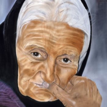 Pittura intitolato "Old Lady with Scarf" da Pila Cadena, Opera d'arte originale, Olio