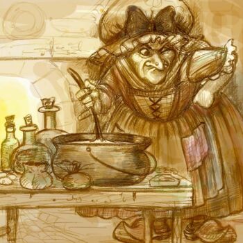 Zeichnungen mit dem Titel "Witch cooking - dra…" von Pilar Agrelo Art Studio, Original-Kunstwerk, Graphit