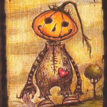 Dibujo titulada "Pumpkin Head   - st…" por Pilar Agrelo Art Studio, Obra de arte original, Tinta