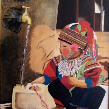 Peinture intitulée "Enfant a la fontain…" par Pilar Canovas, Œuvre d'art originale, Huile Monté sur Châssis en bois