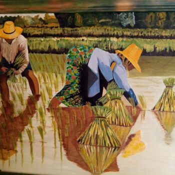 Painting titled "planteurs de riz" by Pilar Canovas, Original Artwork, Oil Mounted on Wood Stretcher frame