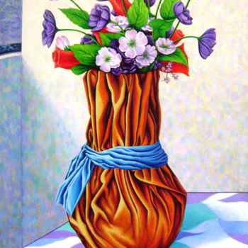 Painting titled "Jarrón con Flores A…" by Pincay, Original Artwork, Oil