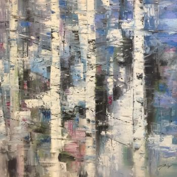 Painting titled "White Birch 2" by Ping Cao, Original Artwork, Oil