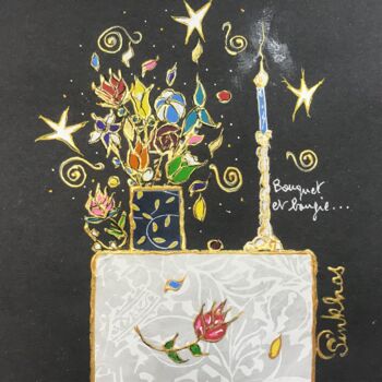 Dessin intitulée "Bouquet et bougie" par Pinkhas, Œuvre d'art originale, Encre