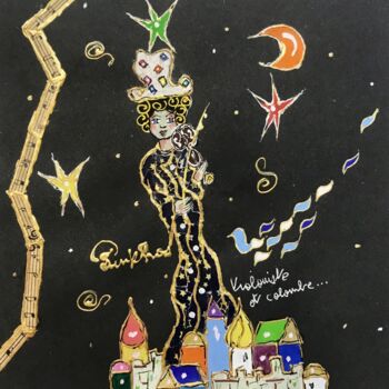 Dibujo titulada "Violoniste et colom…" por Pinkhas, Obra de arte original, Gouache