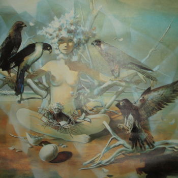 Painting titled "naissance animalière" by Jean-Luc Pinte, Original Artwork, Oil