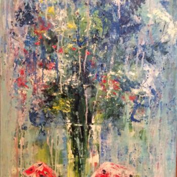 Pintura titulada "Цветы и арбуз" por Iuliia Piniaeva, Obra de arte original, Oleo