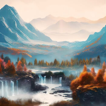 Digital Arts titled "Waterfalls #3" by Piotr Alaborski, Original Artwork, Digital Painting
