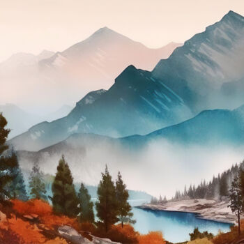 Digital Arts titled "Lake in the mountai…" by Piotr Alaborski, Original Artwork, Digital Painting