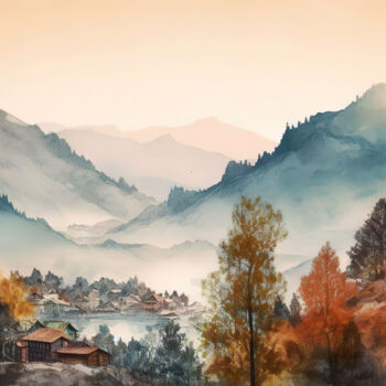 Arts numériques intitulée "Village in the moun…" par Piotr Alaborski, Œuvre d'art originale, Peinture numérique