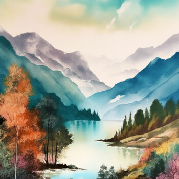 Digital Arts titled "Mountains lake" by Piotr Alaborski, Original Artwork, Watercolor