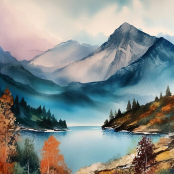 Digital Arts titled "Mountains lake #2" by Piotr Alaborski, Original Artwork, Watercolor