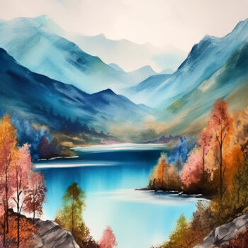 Digital Arts titled "Mountains lake #5" by Piotr Alaborski, Original Artwork, Watercolor