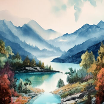 Digital Arts titled "Mountains lake #7" by Piotr Alaborski, Original Artwork, Digital Painting